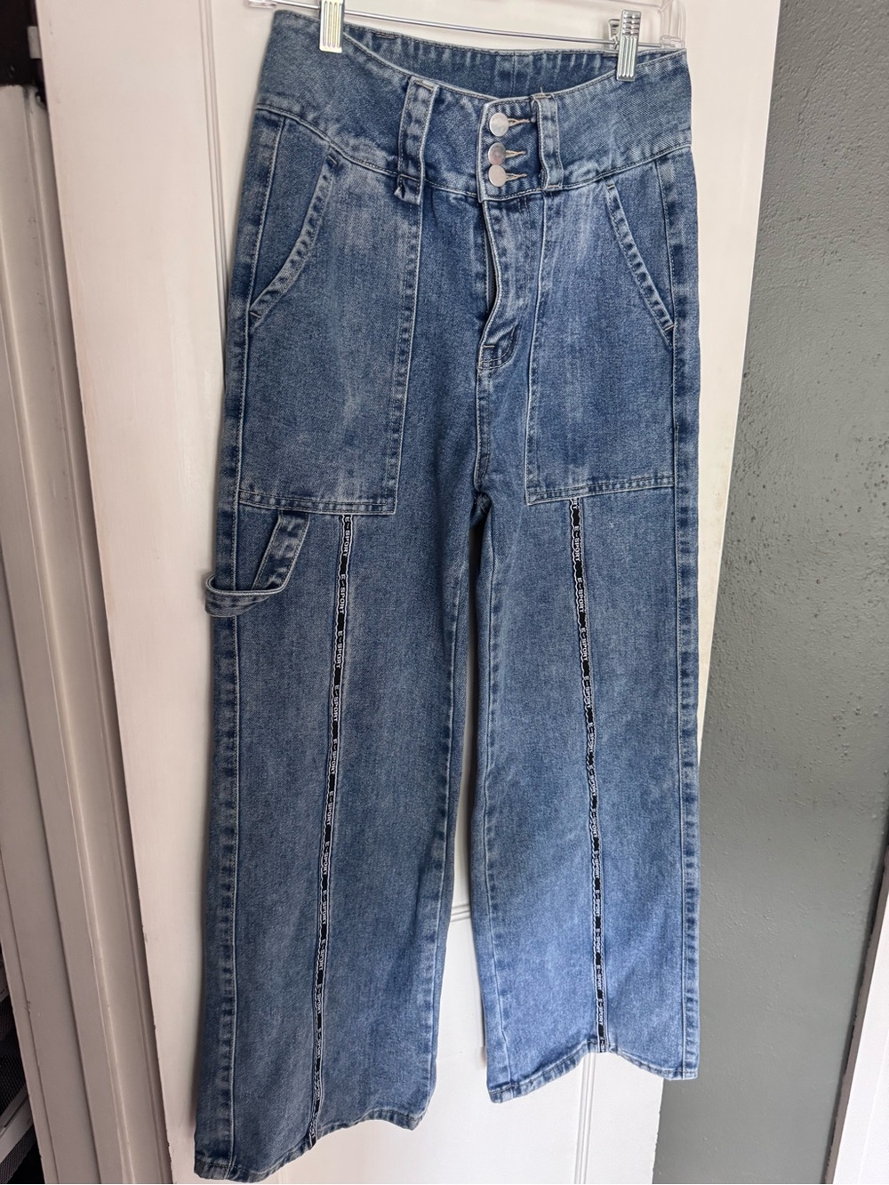 E-SPORT High Waist Wide Leg Jeans Logo Tape Carpenter Utility Denim Small